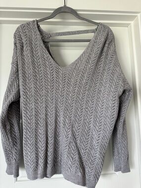 JODIFL Gray Openwork V-Neck Knit Sweater